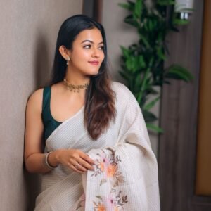 Ivory Linen Saree with Hand-Painted Floral Design